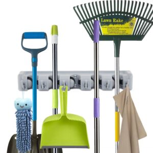 Wall Mounted Mop and Broom Stick Holder with 5 Mounts 6 hooks