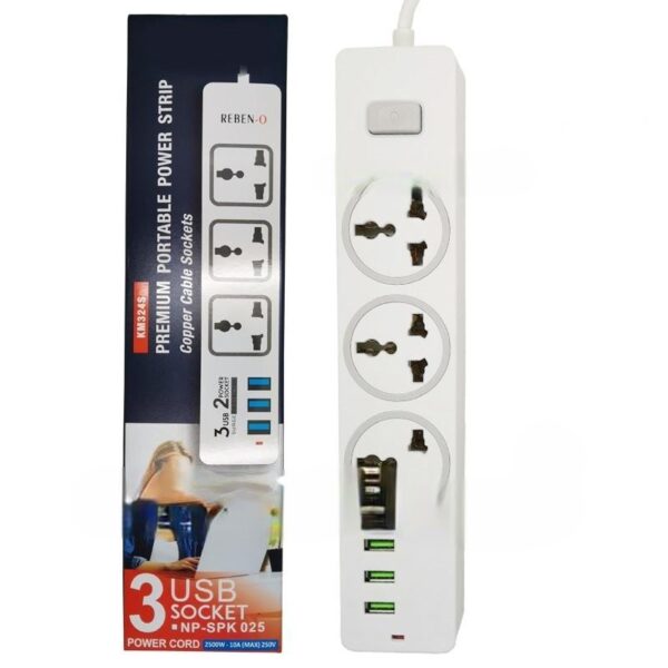 Power Strip 3M Extension Cord Universal Socket with 3 AC Outlet, 3 USB Port Charger 2500W Indicator Light - Image 2