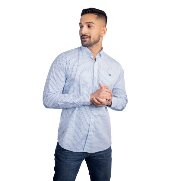 Benjamin George Men's Long Sleeve Shirt – Navy & Light Blue Stripes with White - Image 2