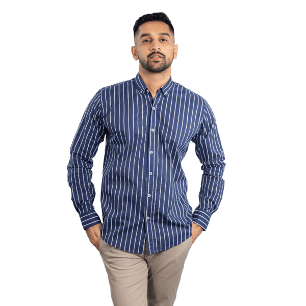 An image of a Men's Long Sleeve Shirt – Navy Blue & White Stripes