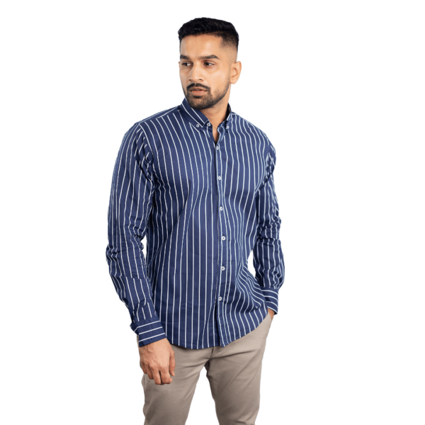 Benjamin George Men's Long Sleeve Shirt – Navy Blue & White Stripes - Image 3