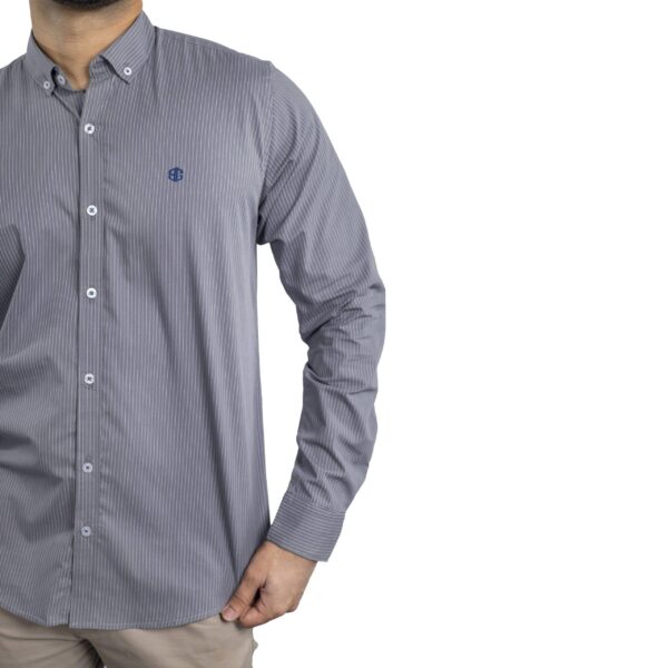 Benjamin George Men's Long Sleeve Shirt – Grey & White Stripes - Image 3