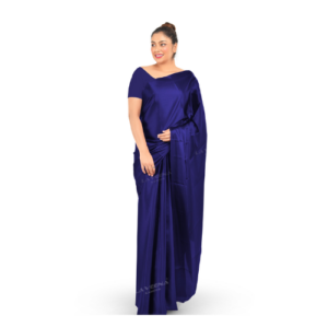 An image of a royal blue plain satin saree