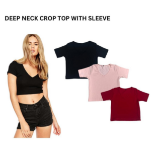 Deep Neck Crop Tops with Sleeve For Women