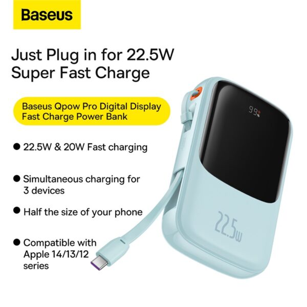 Baseus Qpow Pro 10000mAh 22.5W Digital Display Fast Charge Power Bank Type-C Edition - Blue - Image 4