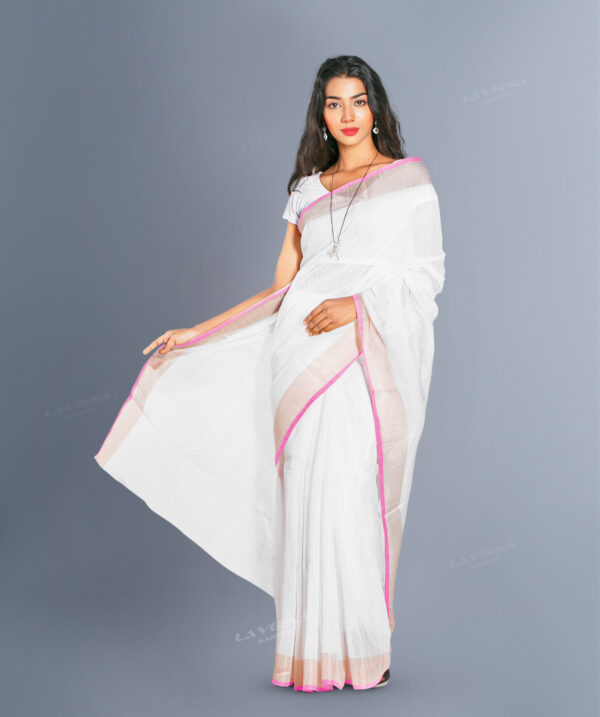 Cotton & Silk Mix Saree -White with Pink & bronze Stitch Boarder