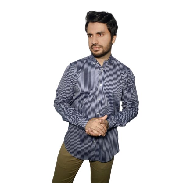 Benjamin George Men's Long Sleeve Shirt - Grey & Navy Stripes - Image 2