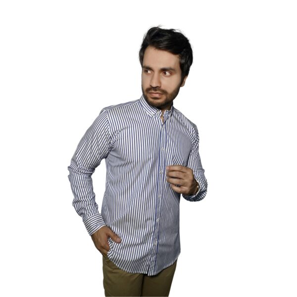 Benjamin George Men's Long Sleeve Shirt White & Dark Blue Stripes - Image 2