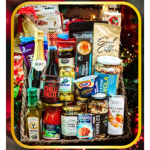 An Image of Grand Christmas Feast Christmas Hamper in a Cane Basket