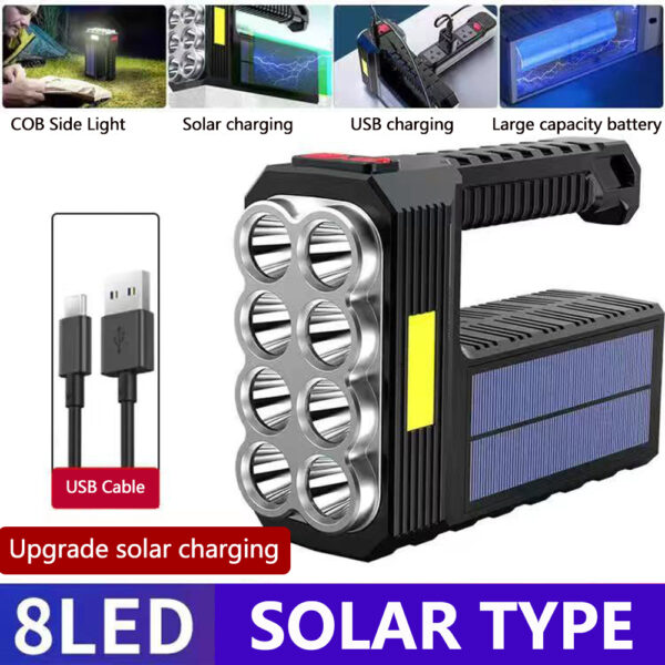 Super Bright Spotlight Solar USB Handheld Torch, Portable 8 LED Multifunctional Torch - Image 5